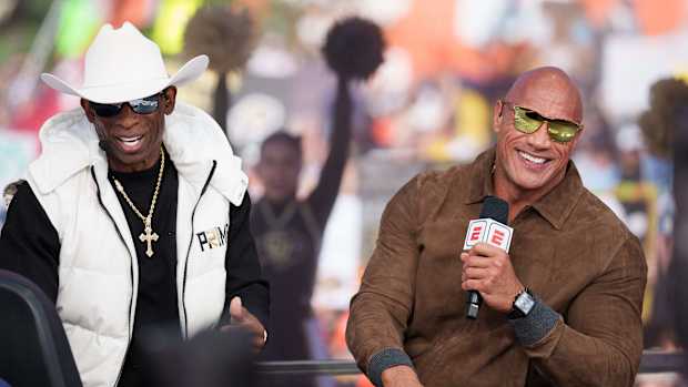 Sep 16, 2023; Boulder, Colorado, USA; Colorado Buffaloes head coach Deion Sanders and celebrity guest picker Dwayne Johnson on the set of ESPN College GameDay prior to the game between the Colorado Buffaloes and the Colorado State Rams at Folsom Field. Mandatory Credit: Andrew Wevers-USA TODAY Sports  
